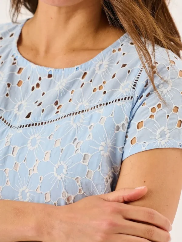 Quba & Co White And Blue Broderie Anglaise Short Sleeve Top - Bethenny Outlet