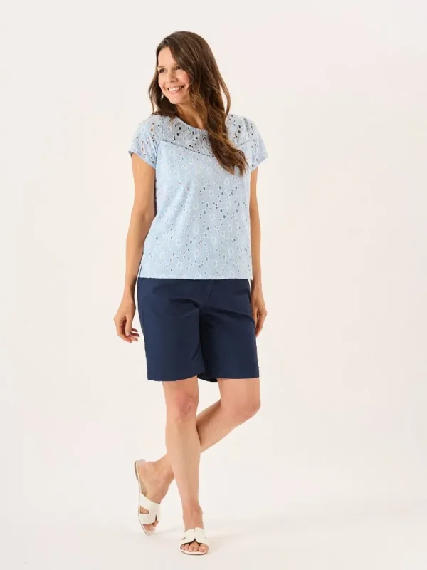Quba & Co White And Blue Broderie Anglaise Short Sleeve Top - Bethenny Outlet