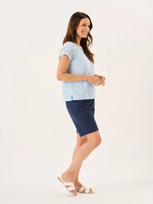 Quba & Co White And Blue Broderie Anglaise Short Sleeve Top - Bethenny Outlet