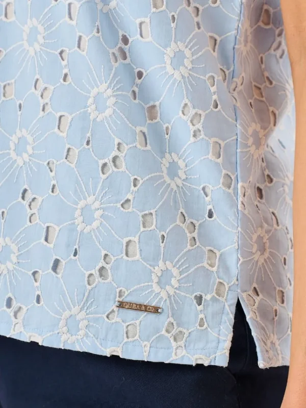 Quba & Co White And Blue Broderie Anglaise Short Sleeve Top - Bethenny Outlet