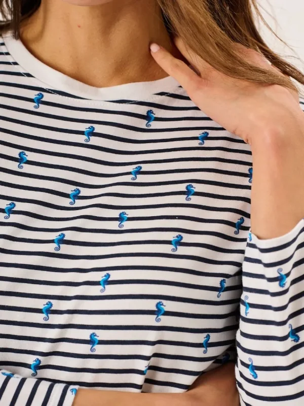 Quba & Co White And Navy 3/4 Sleeve Striped Seahorse Design T-Shirt - Seagal Sale