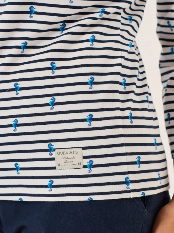 Quba & Co White And Navy 3/4 Sleeve Striped Seahorse Design T-Shirt - Seagal Sale