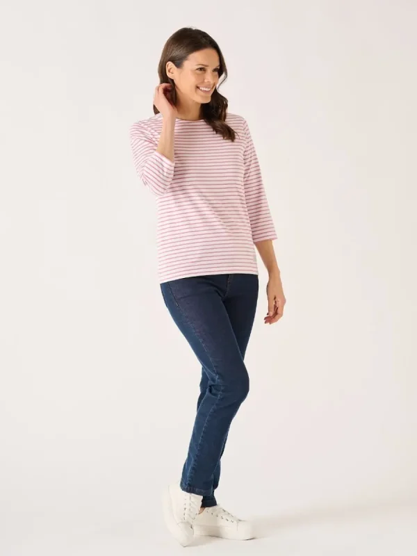 Quba & Co White And Soft Rose 3/4 Sleeve Striped T-Shirt - Wavery Hot