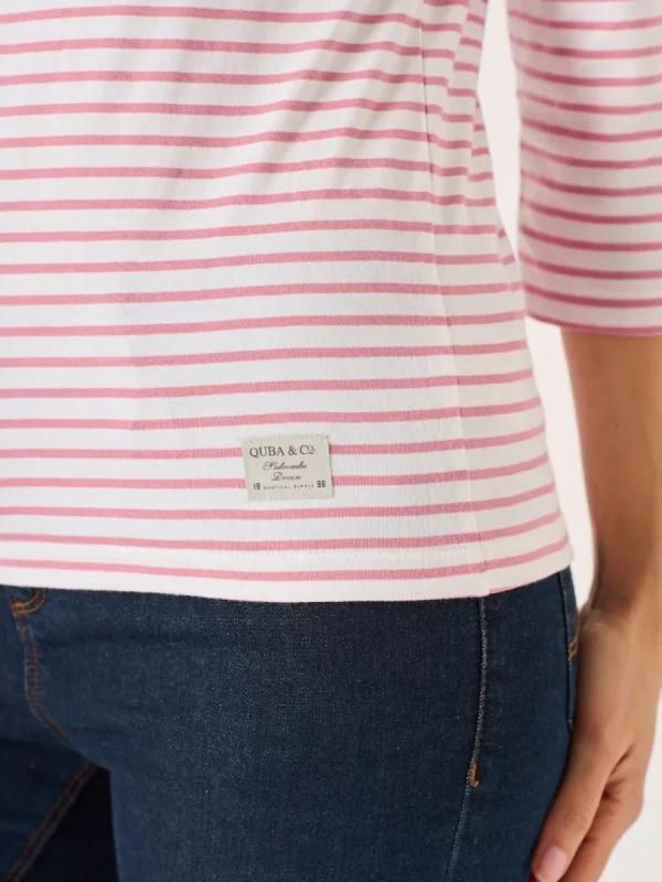 Quba & Co White And Soft Rose 3/4 Sleeve Striped T-Shirt - Wavery Hot