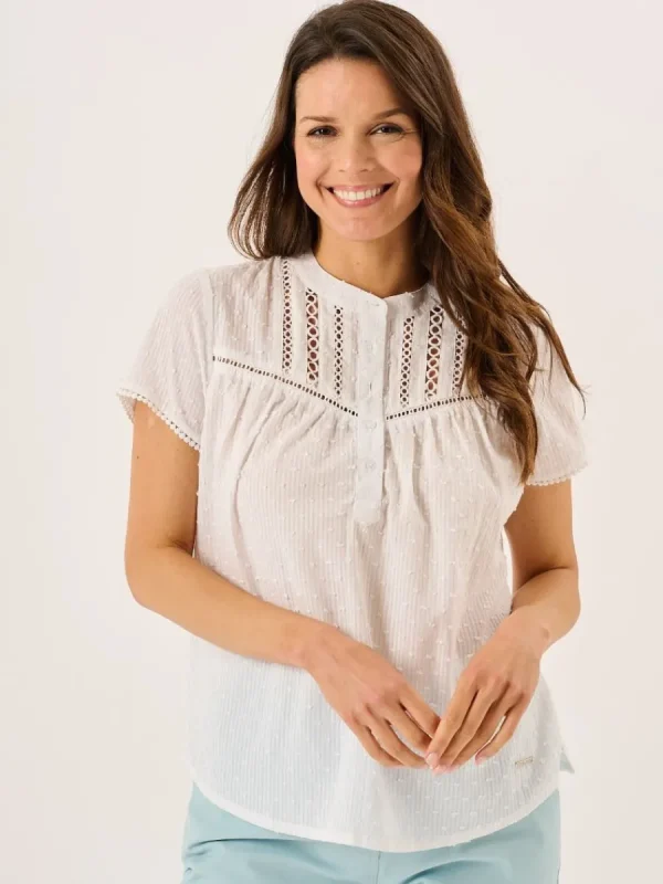 Quba & Co White Dobby Spot Lace Trim Short Sleeve Blouse - Georgie Hot
