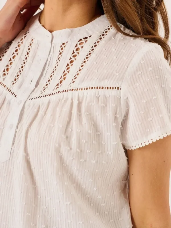 Quba & Co White Dobby Spot Lace Trim Short Sleeve Blouse - Georgie Hot