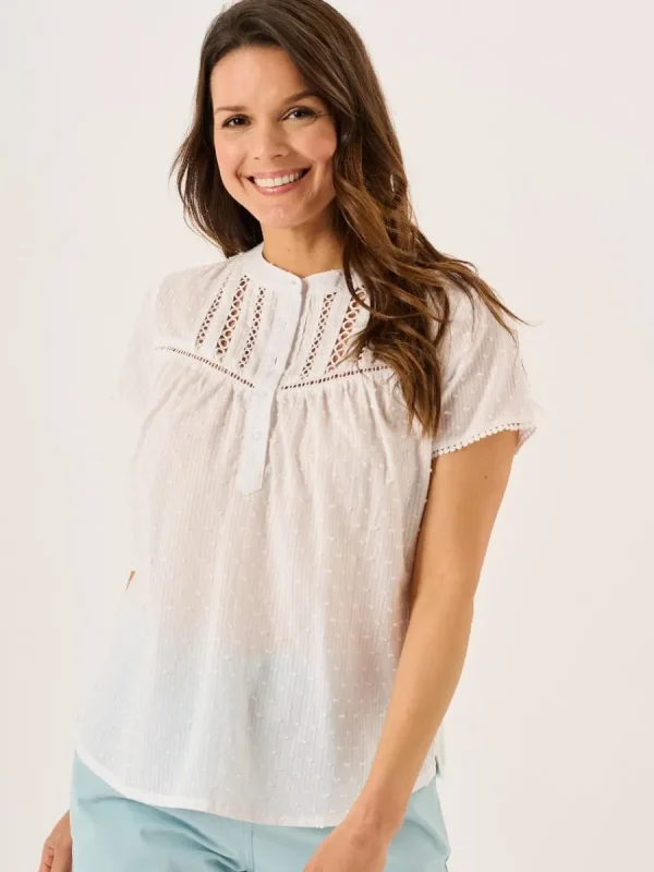 Quba & Co White Dobby Spot Lace Trim Short Sleeve Blouse - Georgie Hot
