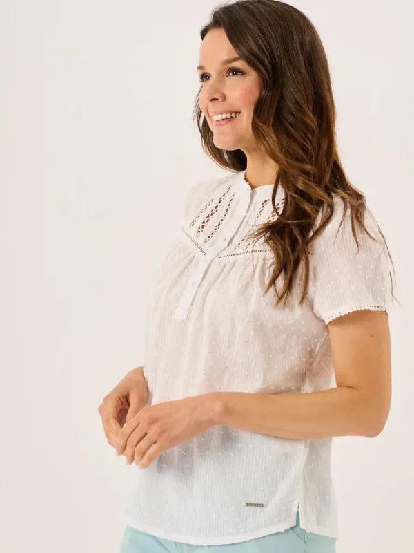 Quba & Co White Dobby Spot Lace Trim Short Sleeve Blouse - Georgie Hot