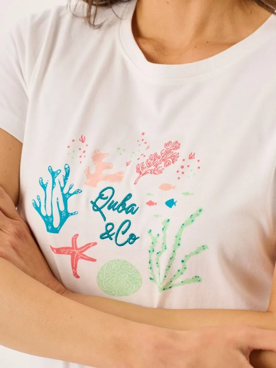 white_quba_and_co_coral_d_1.webp Quba & Co White Quba And Co Coral Design Short Sleeved T-Shirt - Collina Clearance