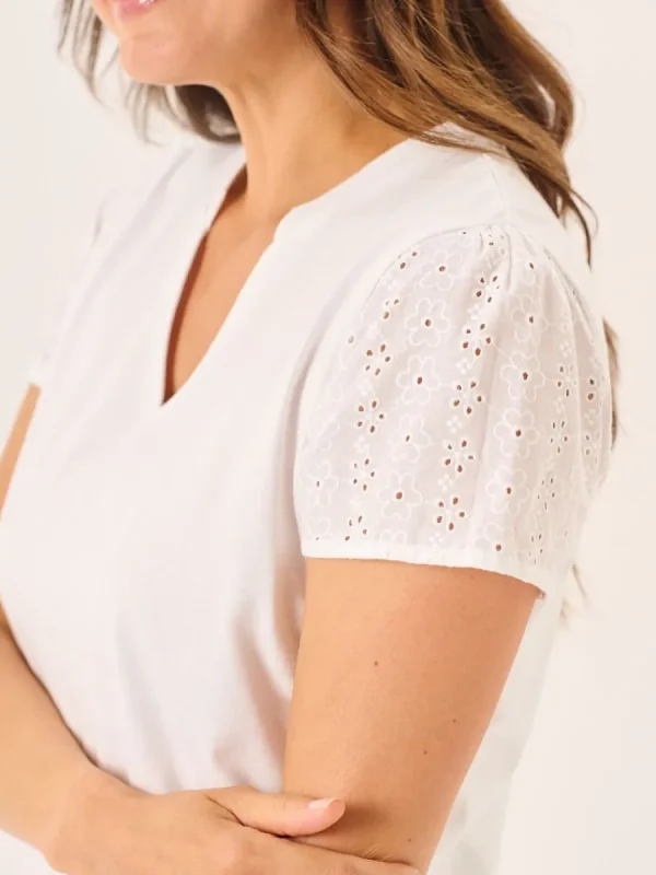 Quba & Co White Short Broderie Sleeved T-Shirt - Leela Outlet